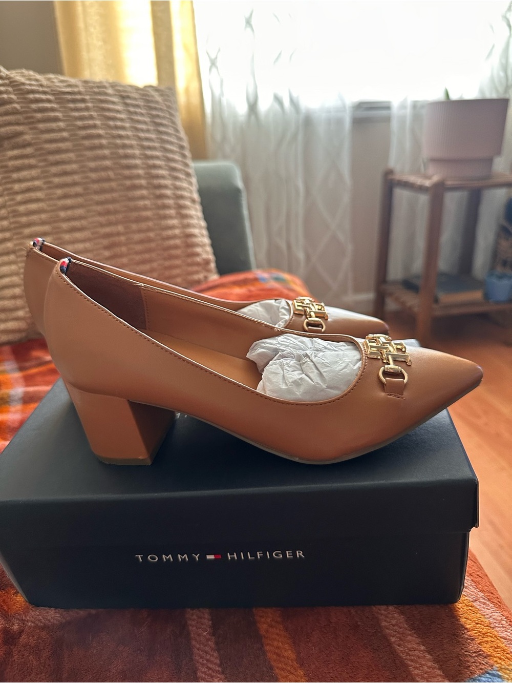 Tommy Hilfiger Camel Leather Mid Block Heel Pumps with Gold Accent